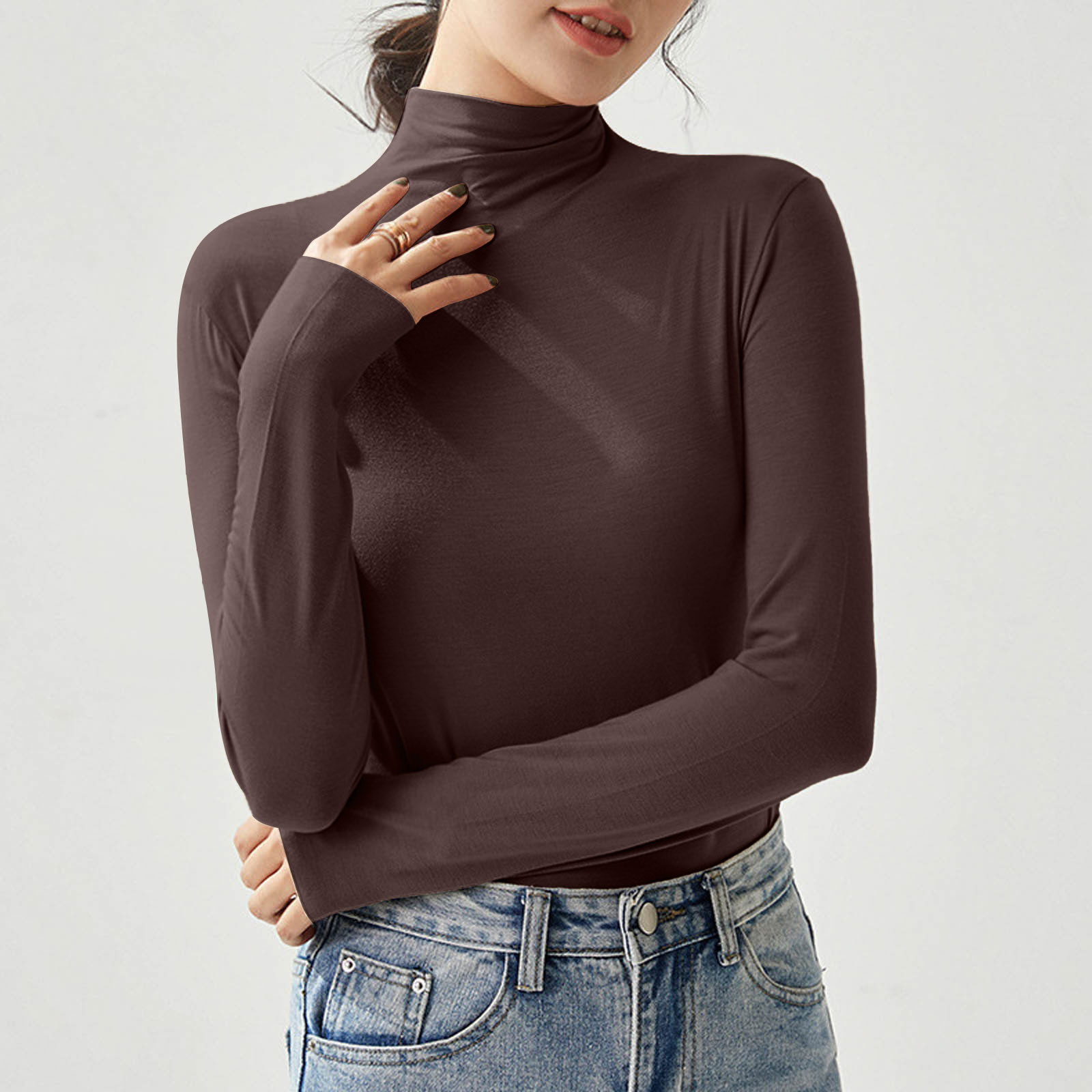 Women Autumn Slim Fit T-shirts New Half Turtleneck Elastic Versatile Basic Shirt Soft Tight Elegant Temperament Show Thin Tops