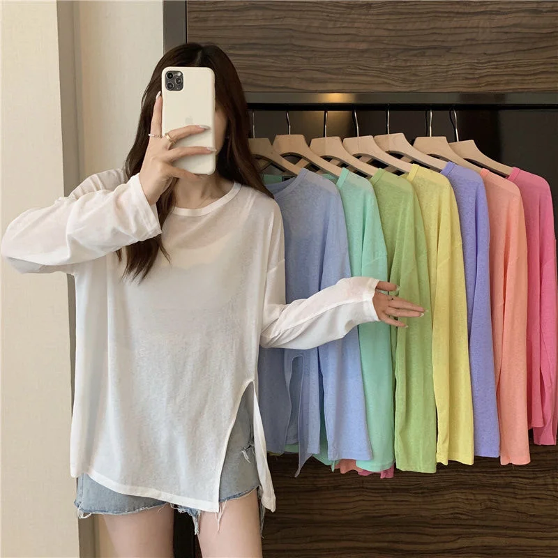 Uveng Uveng Fork Sunscreen Long-Sleeved T-Shirt For Women 2023 New Solid-Color Top Loose Air-Conditioning Hooded Summer Bottoming Shirt