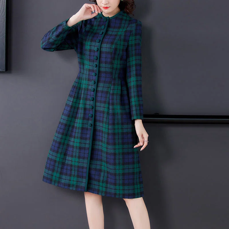 Autumn winter Women Vintage Plaid dress New Long Sleeve Green Plaid Fashion Dress Mid-Long Ladies Thickening Woolen Dress Female
