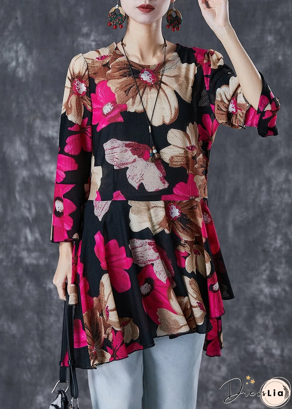 Stylish Red Print Asymmetrical Design Tulle Blouses Flare Sleeve