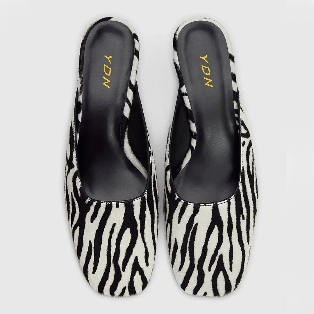 Zebra Faux Fur Square Toe Slip On Block Heeled Mules