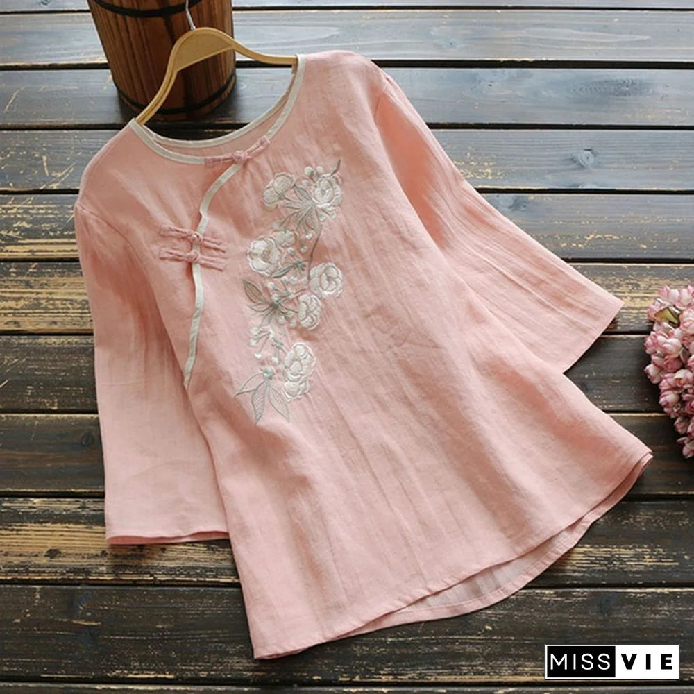Women Spring Summer Retro Buckle Shirt Top Chinese National Style Embroidery Three Quarter Sleeve Floral Cheongsam Shirts