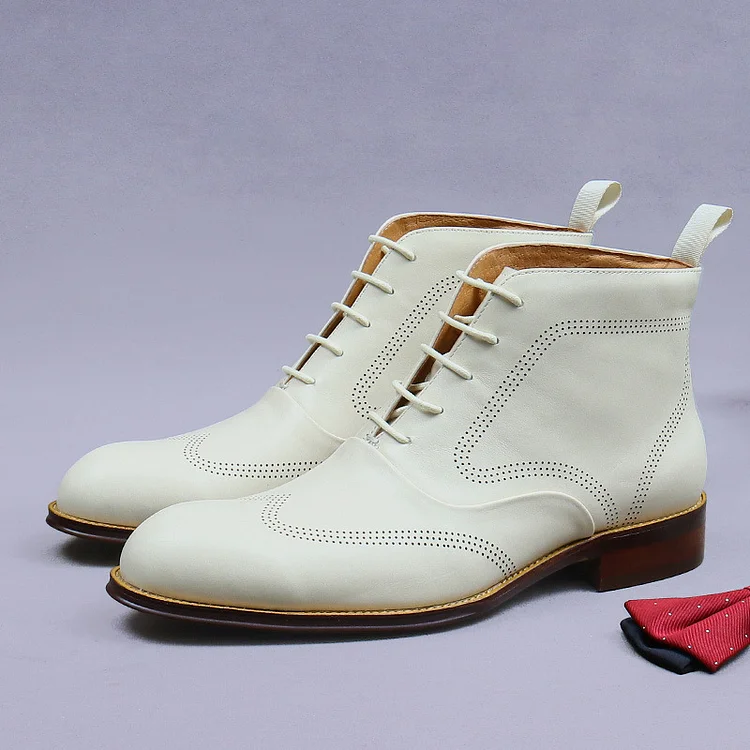 Men's Genuine Leather White Lace-up Fashion Dress Boots