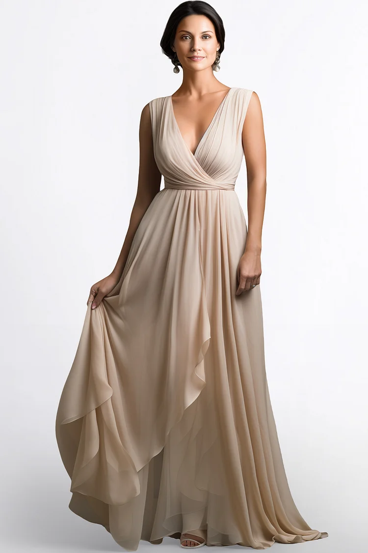 Zaruci Mother Of The Bride Champagne Chiffon Wrap Deep V Neck Maxi Dress [Pre-Order]
