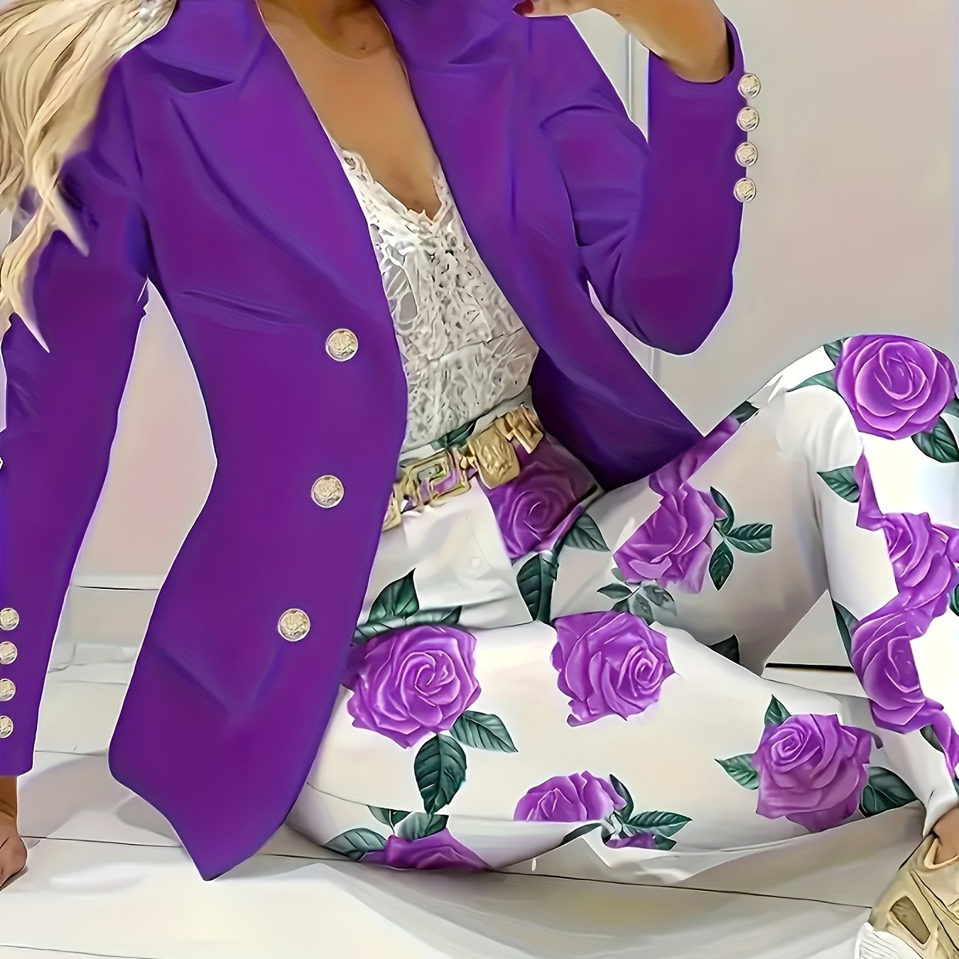 Two-Piece Set - Lapel Collar, Button-Front, Mid-Elasticity Polyester Blazer and Floral Print Slim Pants