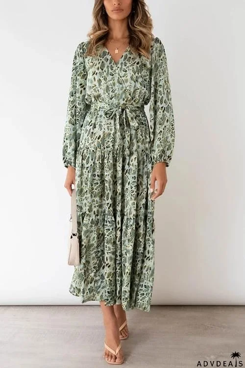 Print Belted Long Sleeve Maxi Dress