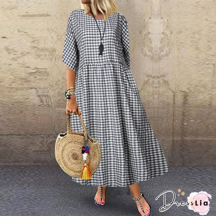 Elegant Lapel High Waist Ladies Cotton Linen Dress Fashion Commuter Plaid Print Tie-Up