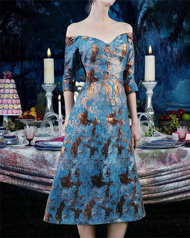 Women's Blue Off-the-shoulder Printed Dress