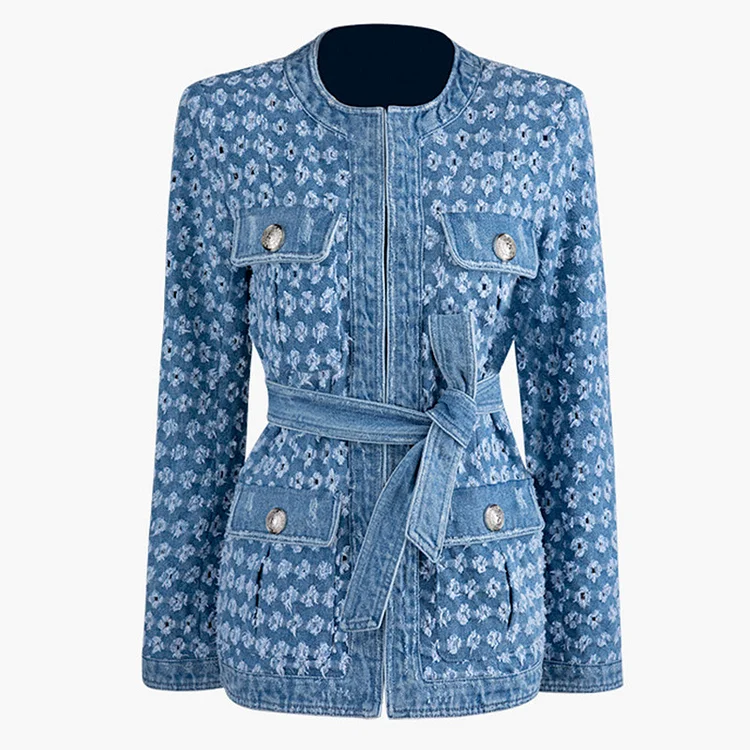 Metal button washed denim jacket with holes and concealed buttons Flusfy