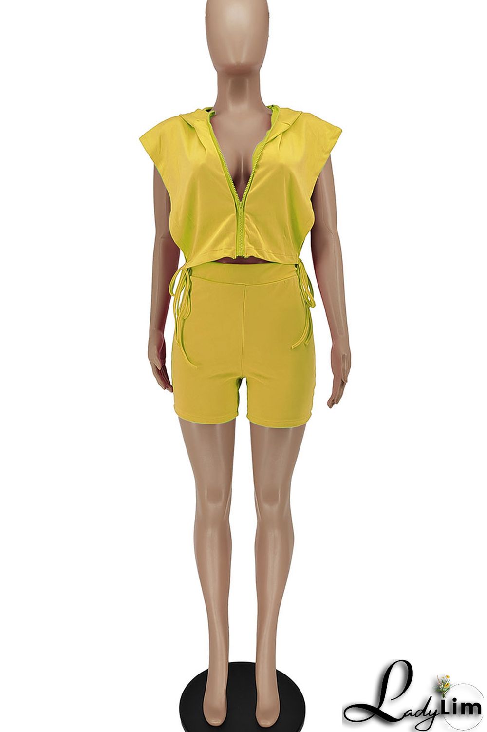 Rose Red Sexy Solid Split Joint Zipper Hooded Collar Sleeveless Two Pieces