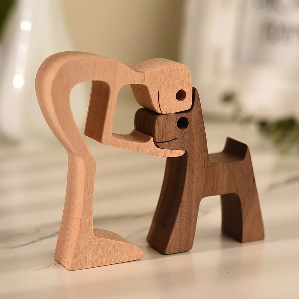 Wooden Figurines Miniatures Women and Dog Carving Wood Art Crafts Home Office Decoration Animal Ornaments Table Decoration