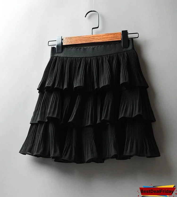 Women Elasticity Waist Mini Skirt Summer Casual Ladies Chiffon Cake Pleated Skirts Black Wihte One Size