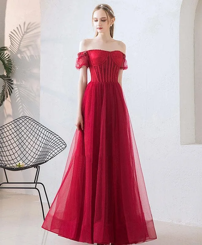 Burgundy Tulle Sweetheart Lace Long Prom Dress, Burgundy Evening Dress