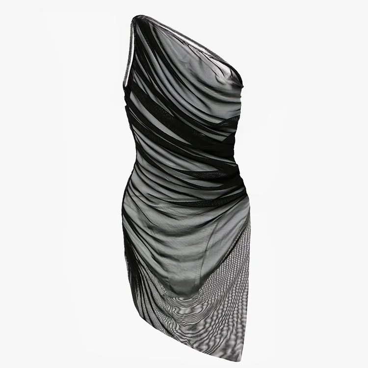 Sheer Mesh Pleated One Shoulder One Piece Swimsuit