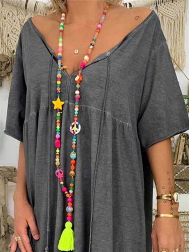 Women's Half Sleeve V-neck Solid Color Maxi Dress