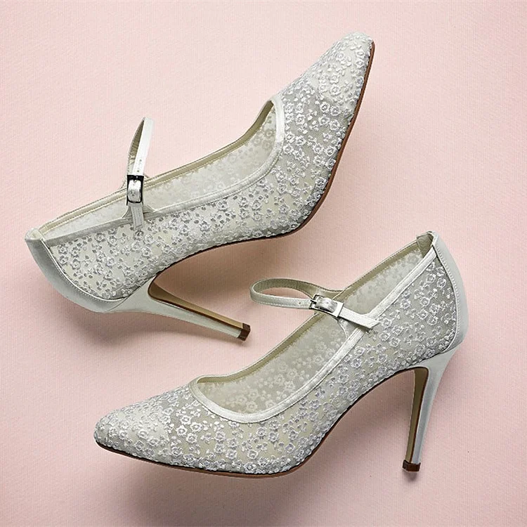 White Bridal Shoes Lace Heels Mary Jane Pumps for Wedding |FSJ Shoes