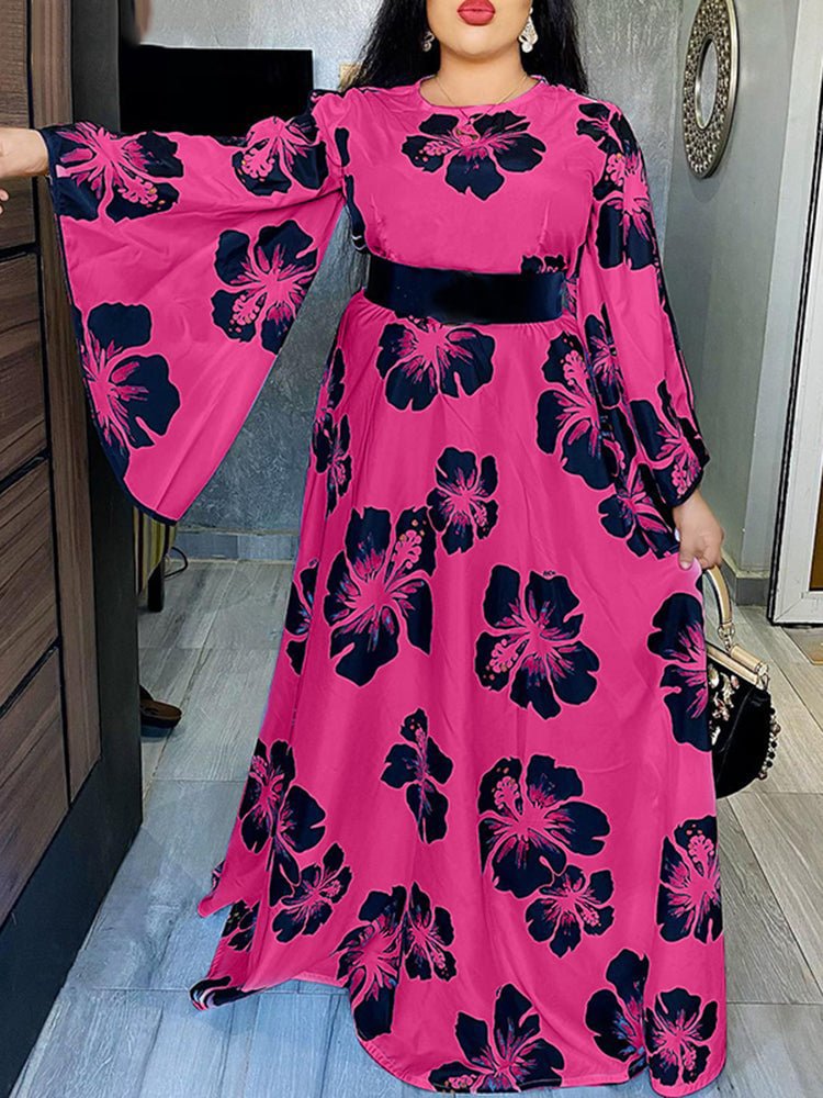 Floral Print Horn Sleeve Crew Neck Maxi Dresses For Women SKUJ14921 QueenFunky