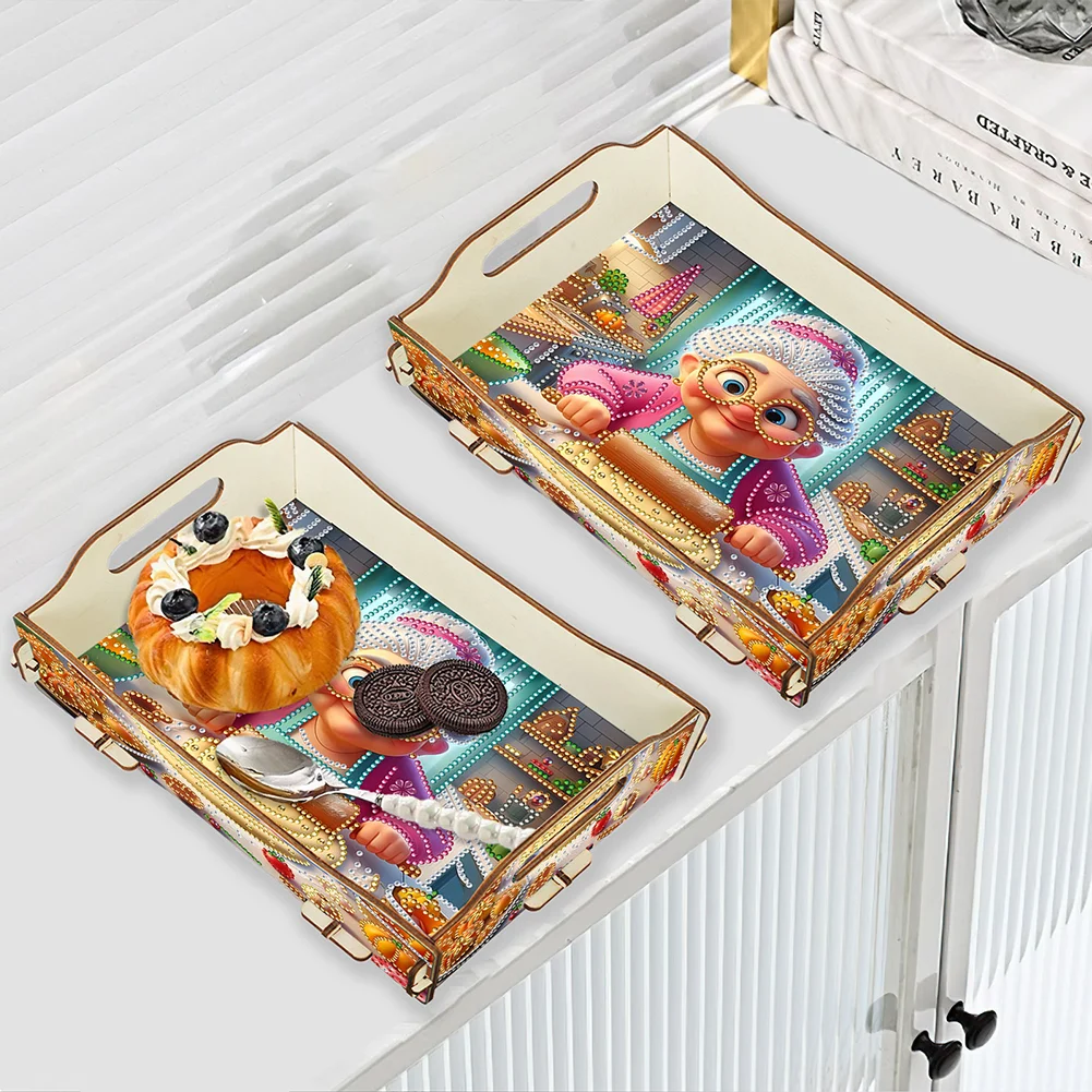 5D DIY Old Lady Diamond Painting Serving Tray with Handle for Coffee Table Decor