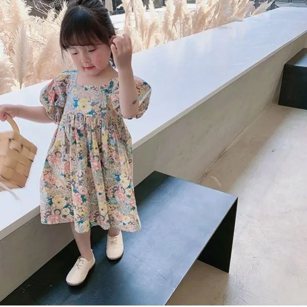2021 Summer New Fashion Baby Girl Dresses Princess Clothing Cute Party Cotton Flower Children Short Sleeve Sweet Floral Dress