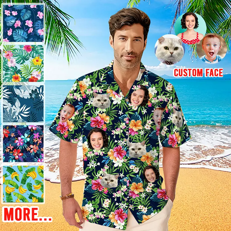 Custom Birthday Hawaiian Shirt with Face Personalized Photo Portrait Hawaii Shirt, Tropical Flowers Shirt, Family Summer Matching