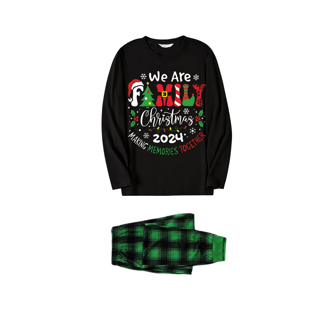 "We are Family" 2024 Christmas Wreath - Black Long Sleeve Top with Black And Green Plaid Pants Family Matching Pajamas