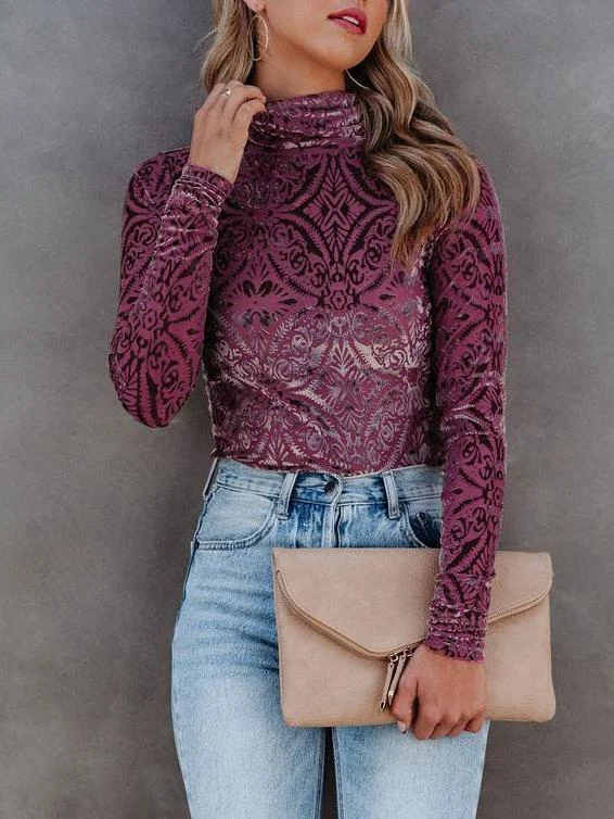 Print high collar velvet top