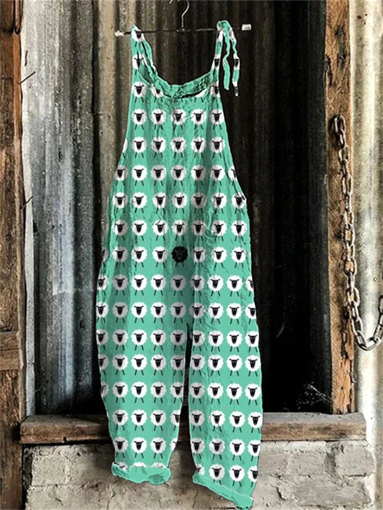 Women's Farm Sheep Print Linen Blend Casual Jumpsuit