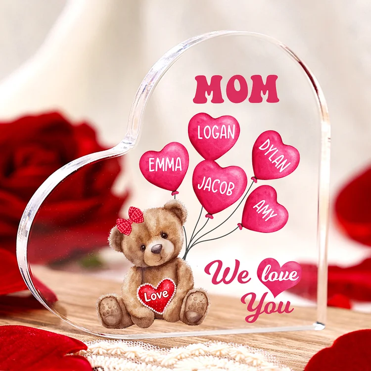 5 Names - Personalized Acrylic Heart Keepsake Custom Text Bear Balloon Family Ornament Gifts for Mother/Grandma