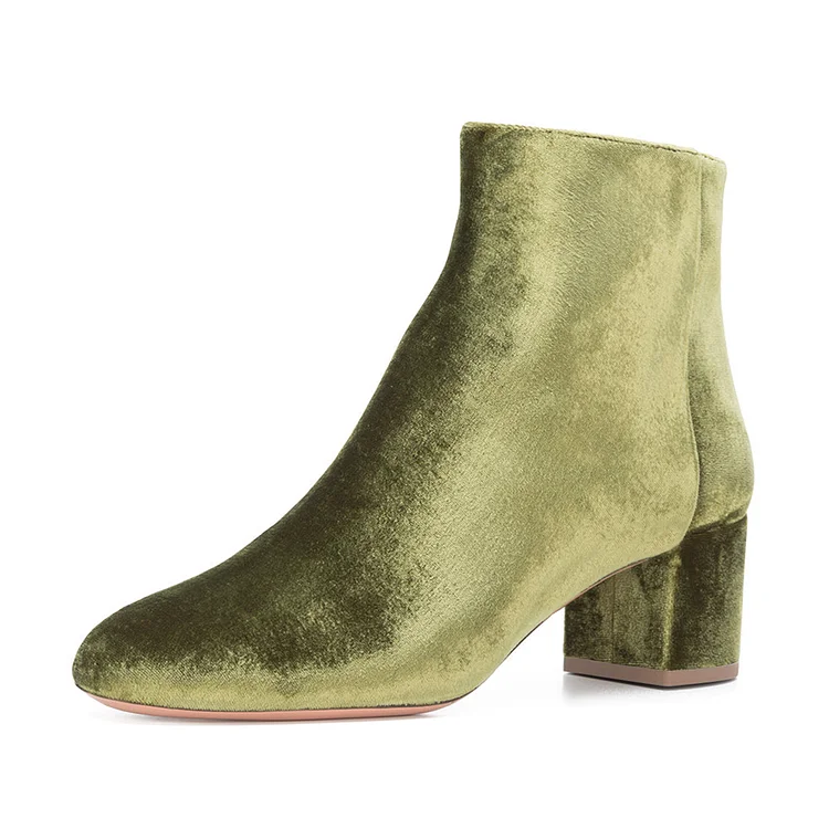 Olive Velvet Short Boots Round Toe Chunky Heel Fashion Ankle Boots |FSJ Shoes