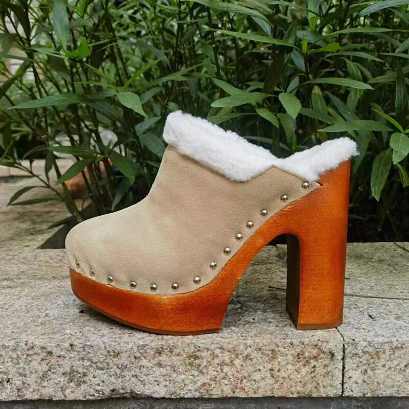 Fur Slippers Woman Round Toe Brown Beige Real Suede High Heels Shoes Lady Gladiator Sandals
