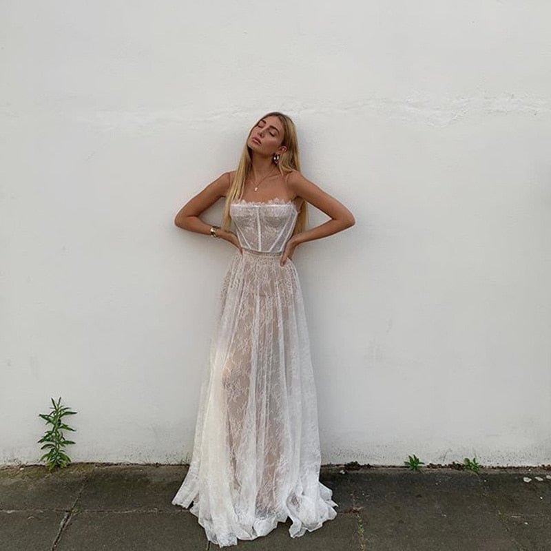 Ordifree 2022 Summer Women Long Party Dress Sexy Spaghetti Strap Sleeveless White Lace Maxi Dress
