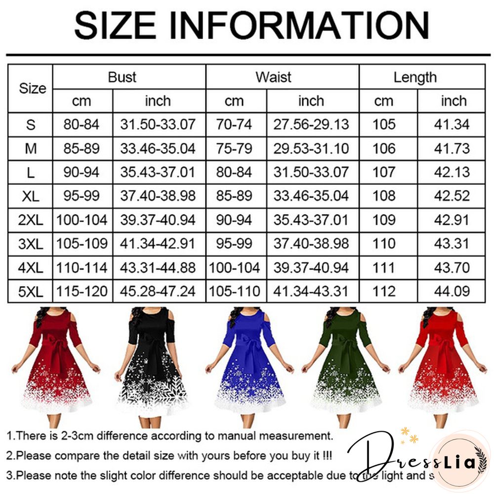 Women Fashion Belted Snowflake Print Christmas Dress Cold Shoulder Round Neck Party Dress Plus Size A-Line Dresses