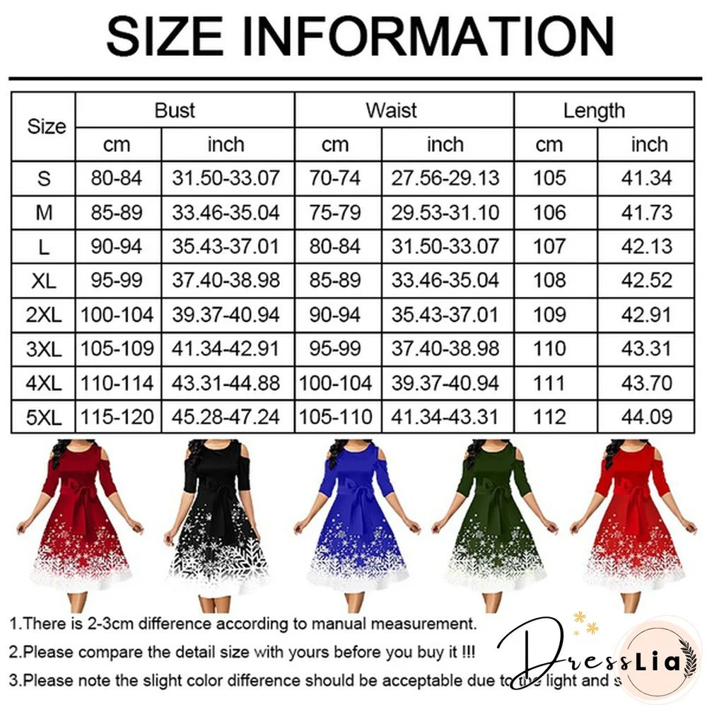 Women Fashion Belted Snowflake Print Christmas Dress Cold Shoulder Round Neck Party Dress Plus Size A-Line Dresses