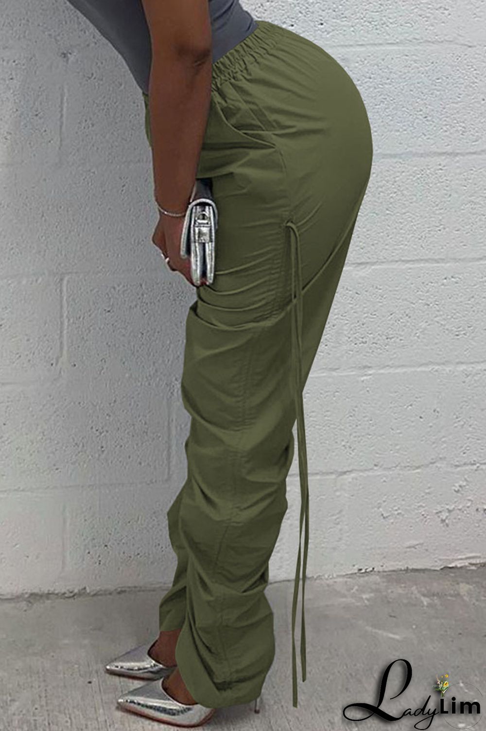 Green Casual Solid Patchwork Draw String Fold High Waist Pencil Solid Color Bottoms