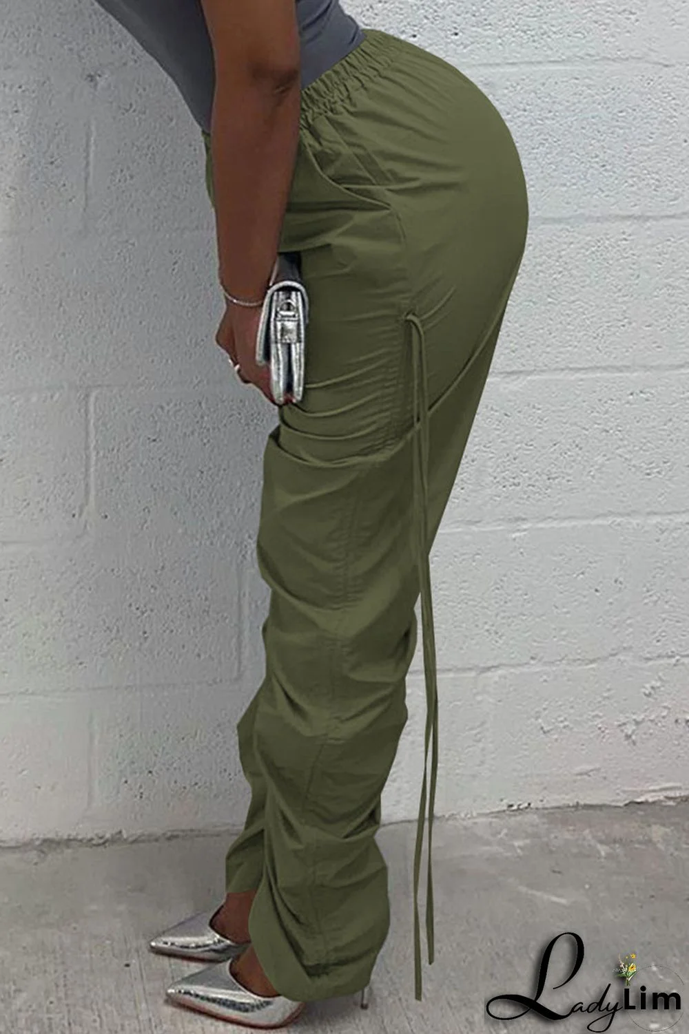 Green Casual Solid Patchwork Draw String Fold High Waist Pencil Solid Color Bottoms