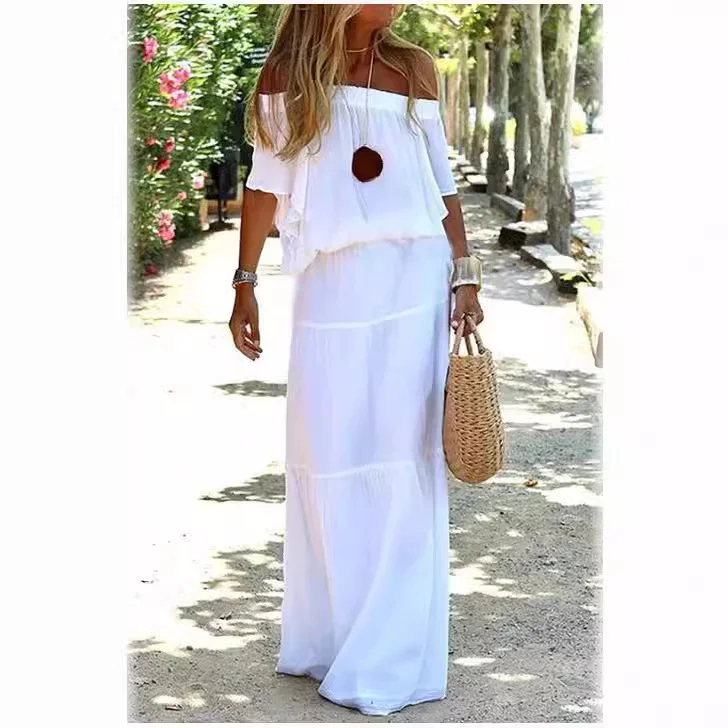 Uveng Uveng Summer New Fashion Casual Shoulder Tight Waist Short Sleeve Loose Long Dress