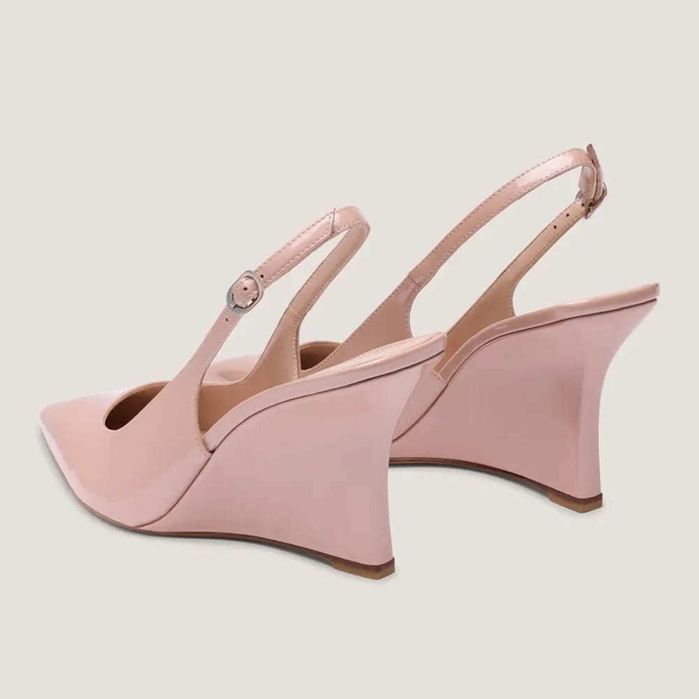 Patent Leather Slingback Wedge Heel Pointed Toe Pink Pumps