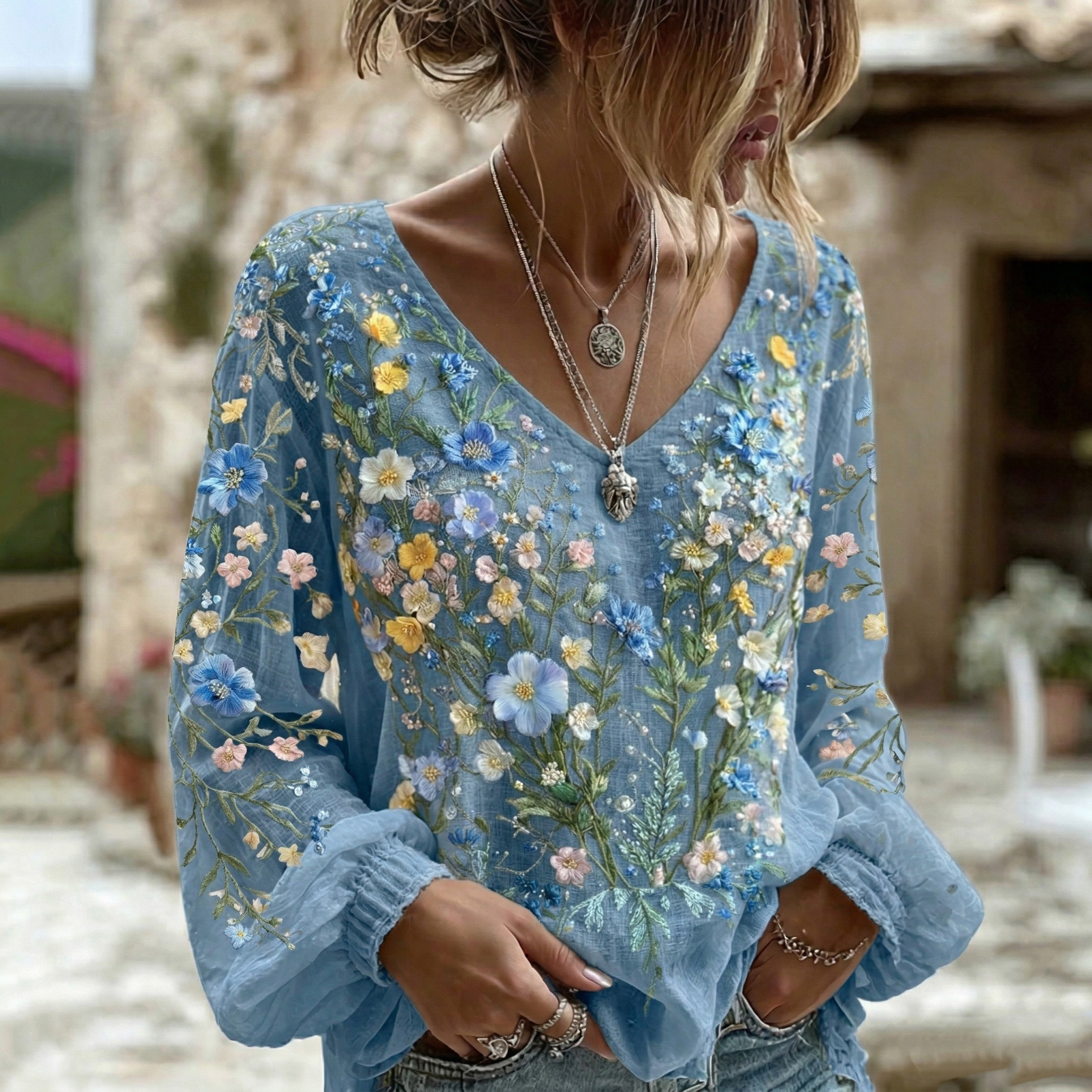 Women's Bohemian Floral Print V Neck Long Sleeve T-shirt elevenforest