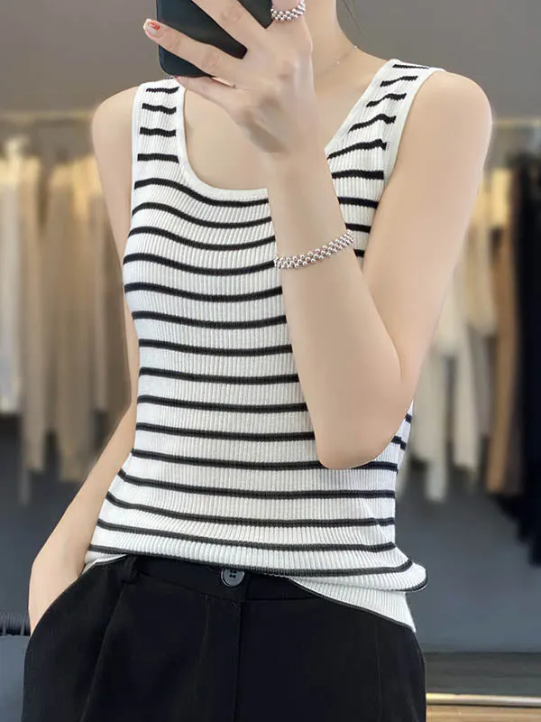 Loose Sleeveless Contrast Color Striped U-Neck Vest Top