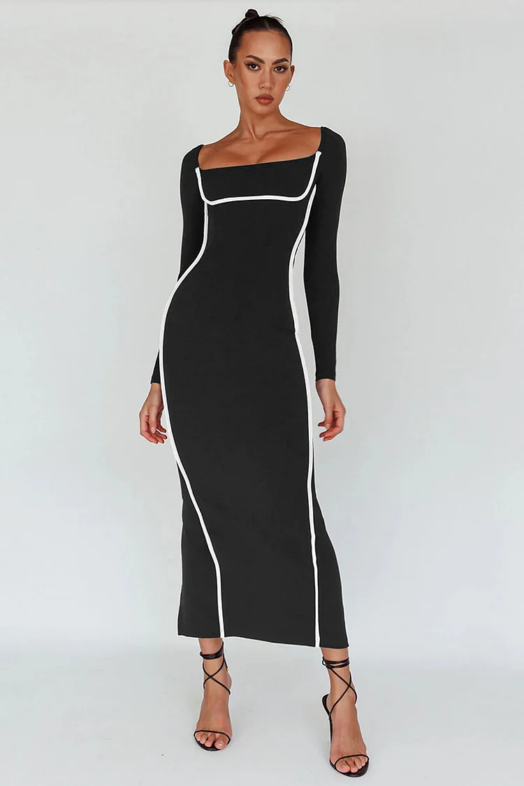 U Neck Long Sleeve U-Shaped Backless Bodycon Slit Midi Dresses