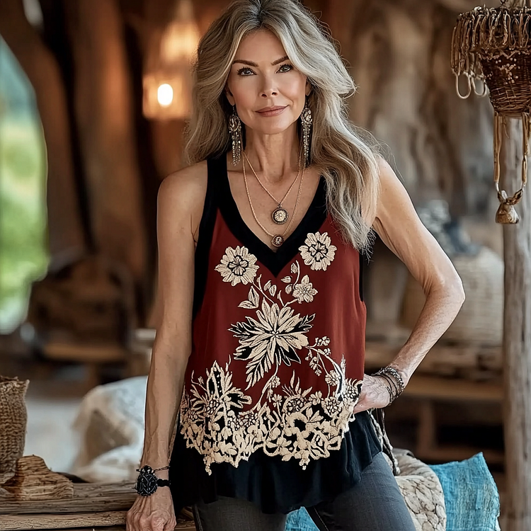 Utbros Vintage Floral Print V-neck Sleeveless Tank Top