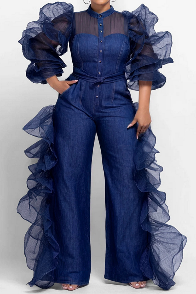 Xpluswear Design Plus Size Party Blue Round Neck Puff Sleeve 3/4 Sleeve Ruffle See Through Organza Tencel Denim Jumpsuits [Pre-Order]
