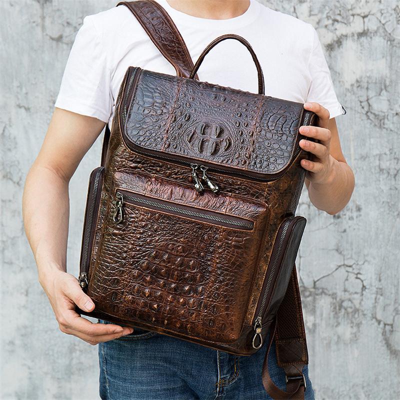 Mens Alligator Pattern Cow Leather Soft Back Flap Backpack