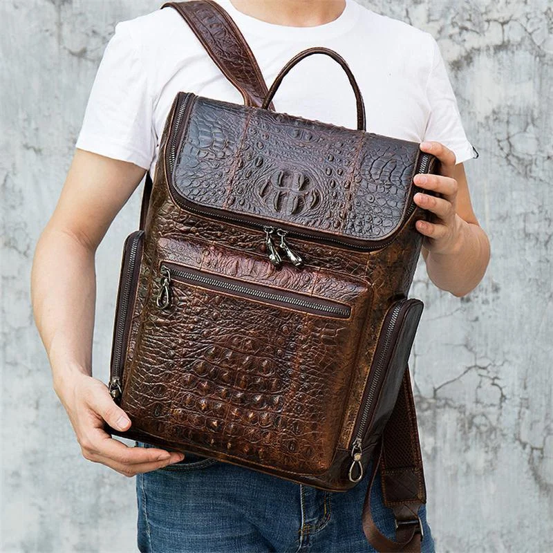 Mens Alligator Pattern Cow Leather Soft Back Flap Backpack
