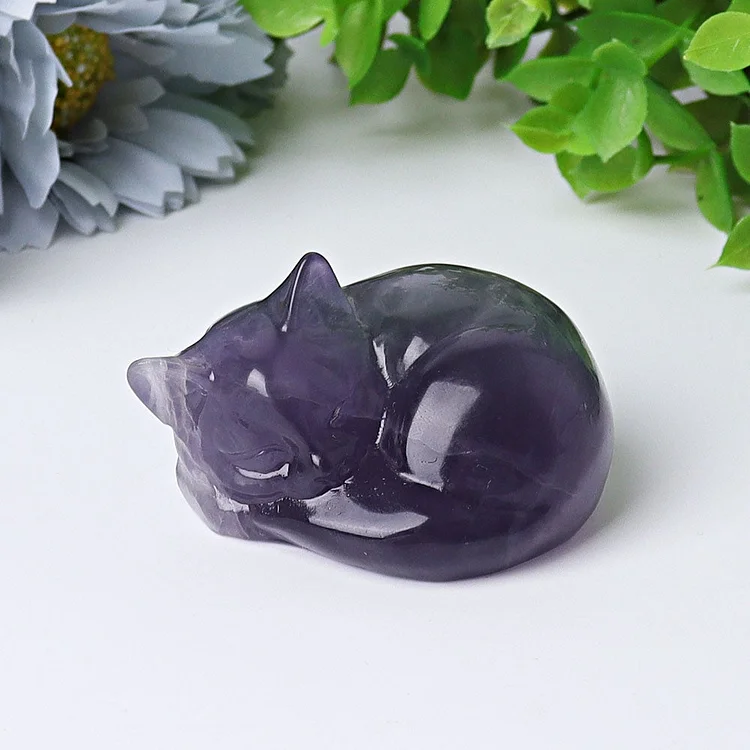 2" Fluorite Sleeping Cat Crystal Carvings Animal
