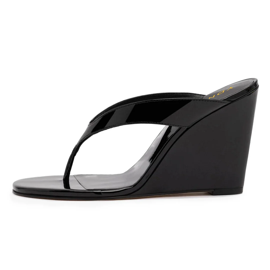 Black Patent Leather Open-Toe Wedge Heel Flip Flops for Women