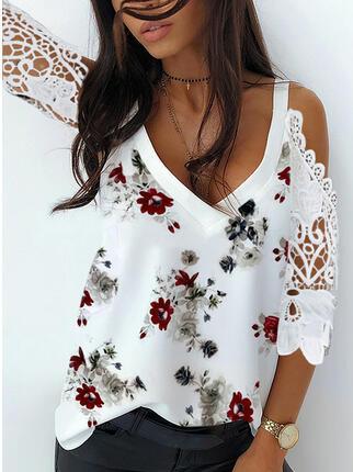 Women Long Sleeve V-neck Graphic Floral Printed Top