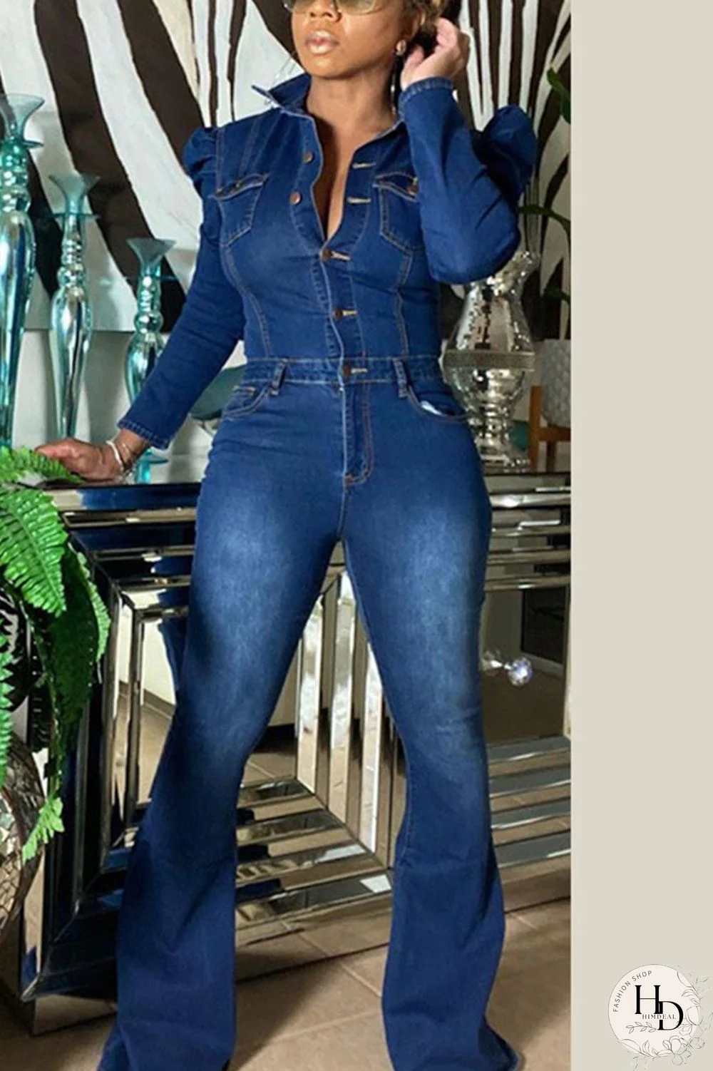 Dark Blue Sexy Denim Solid Buttons Turndown Collar Plus Size