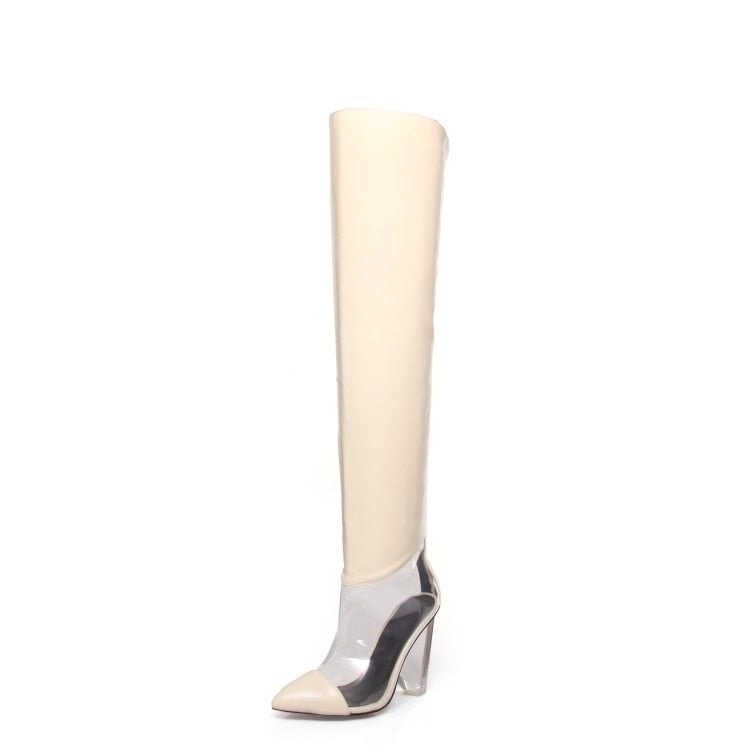 MStacchi Women Winter Transparent Over The Knee Boots Woman Pointed Toe 12CM Crystal High Heel Pump Fashion Silver Ladies Boots
