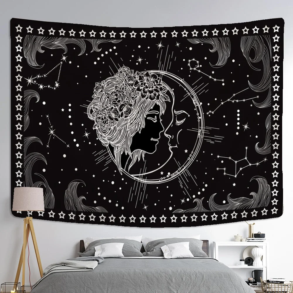 Golden Sun Moon Tapestry Wall Hanging Indian Mandala Boho Printed Psychedelic Tapiz Witchcraft Wall Cloth Tapestries